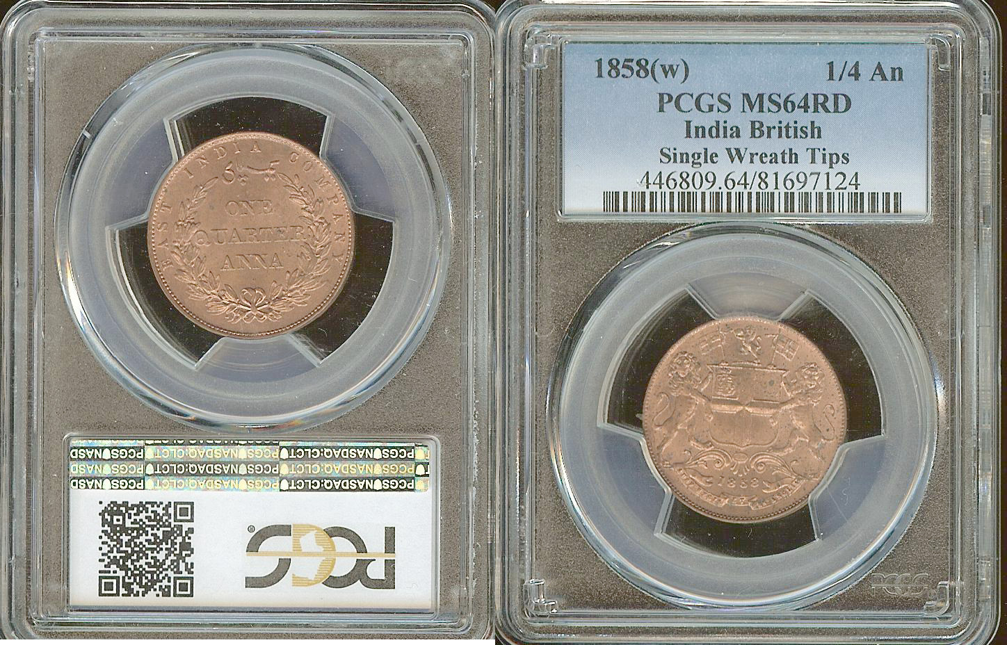 India 1/4 anna 1858(w) PCGS MS64RD